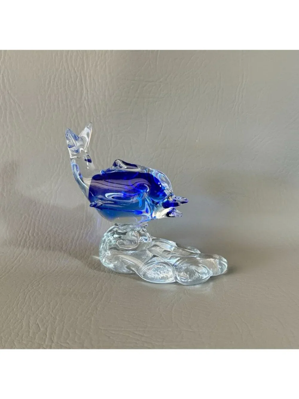 Retro Cobalt Blue Encased Glass Dolphin Figurine Abstract Wave Paperweight